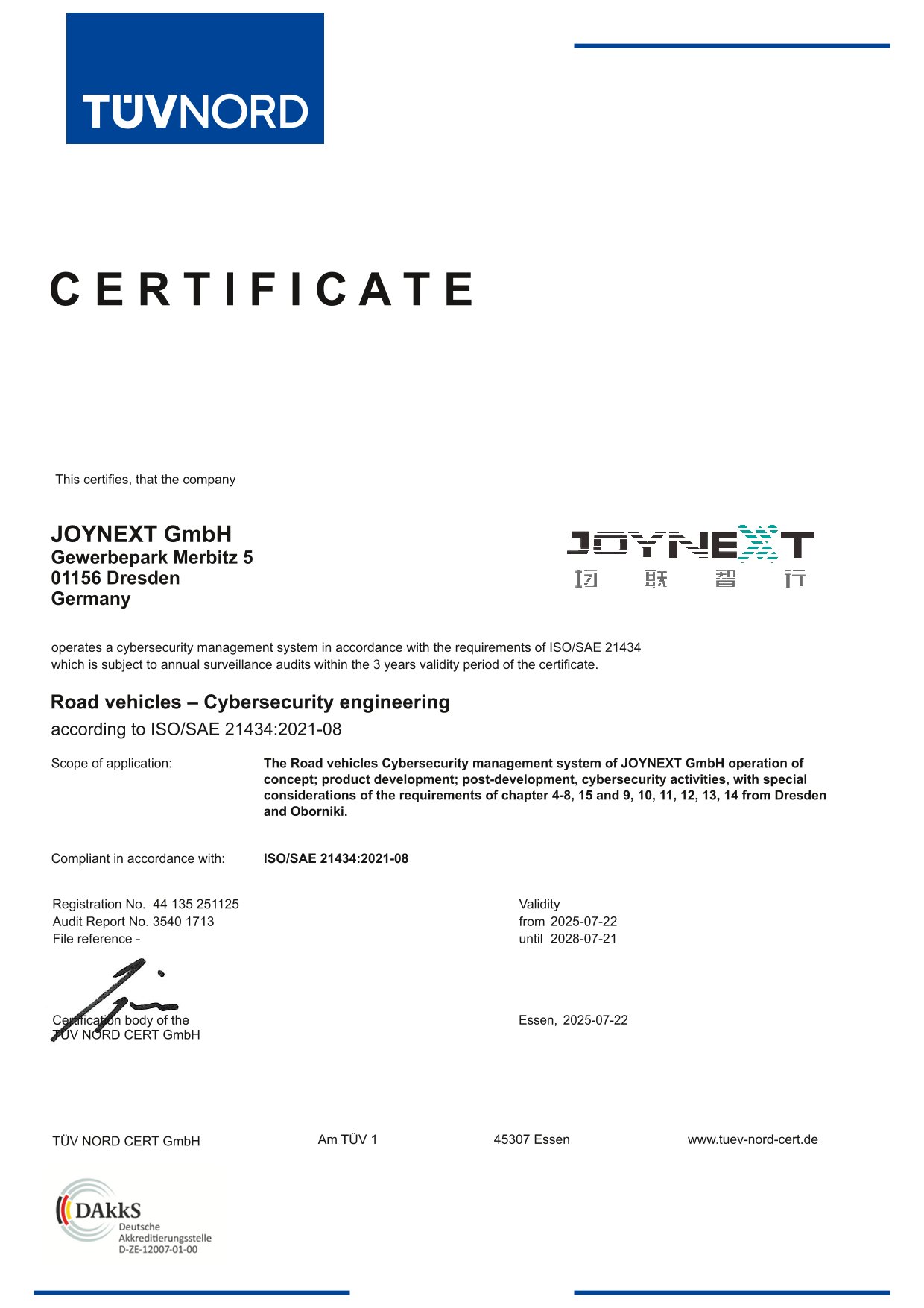 Zertifikat ISO SAE 21434